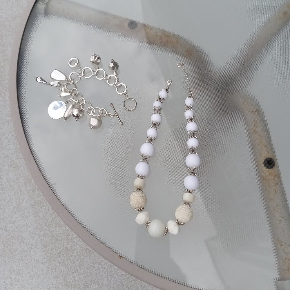 Ladies white beaded necklace choker length & chunky silver bracelet
